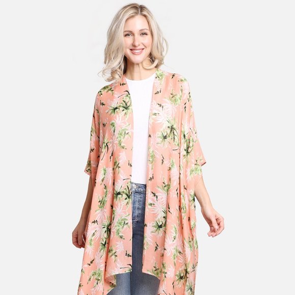 P/S Palm Tree Print Long Cover Up·Kimono·Wrap·Swimsuit Cover·Vacation·ComfyLuxe - Picture 2 of 3